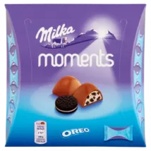 Milka Moments Oreo alpesi tejcsokoládé tejes krémtöltelékkel és kakaós kekszdarabokkal 11 db 92 g