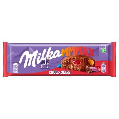 Milka Mmmax alpesi tejcsokoládé meggyes zselédarabkákkal, cukordrazséval és robbanócukorkával 250 g