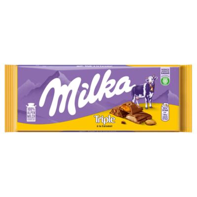 Milka Triple á la Caramel alpesi tejcsokoládé karamell ízű tejes krémmel és manduladarabokkal 90 g